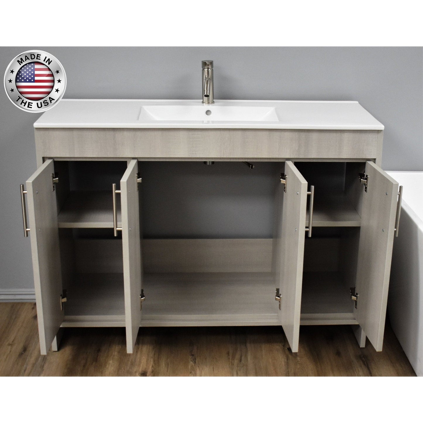 Volpa USA Villa 48" Weathered Grey Freestanding Modern Bathroom Vanity With Integrated Ceramic Top and Brushed Nickel Round Handles