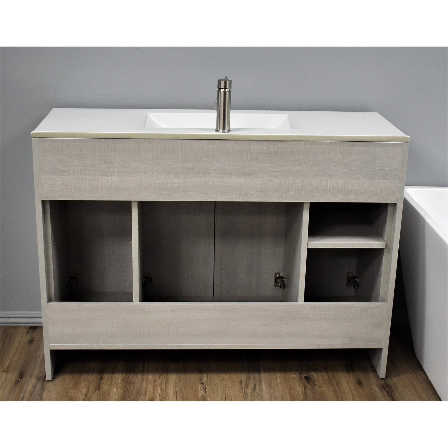 Volpa USA Villa 48" Weathered Grey Freestanding Modern Bathroom Vanity With Integrated Ceramic Top and Brushed Nickel Round Handles