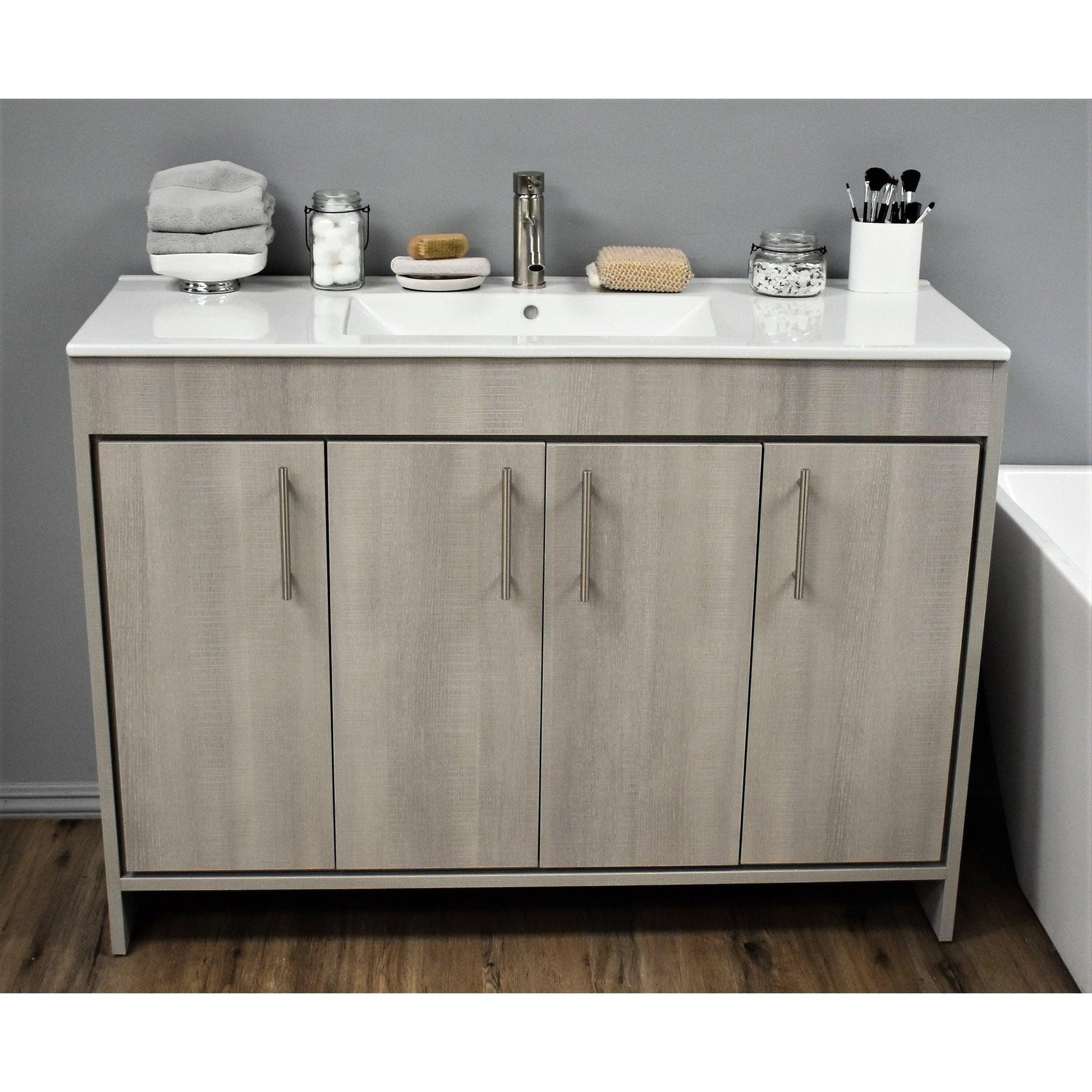 Volpa USA Villa 48" Weathered Grey Freestanding Modern Bathroom Vanity With Integrated Ceramic Top and Brushed Nickel Round Handles