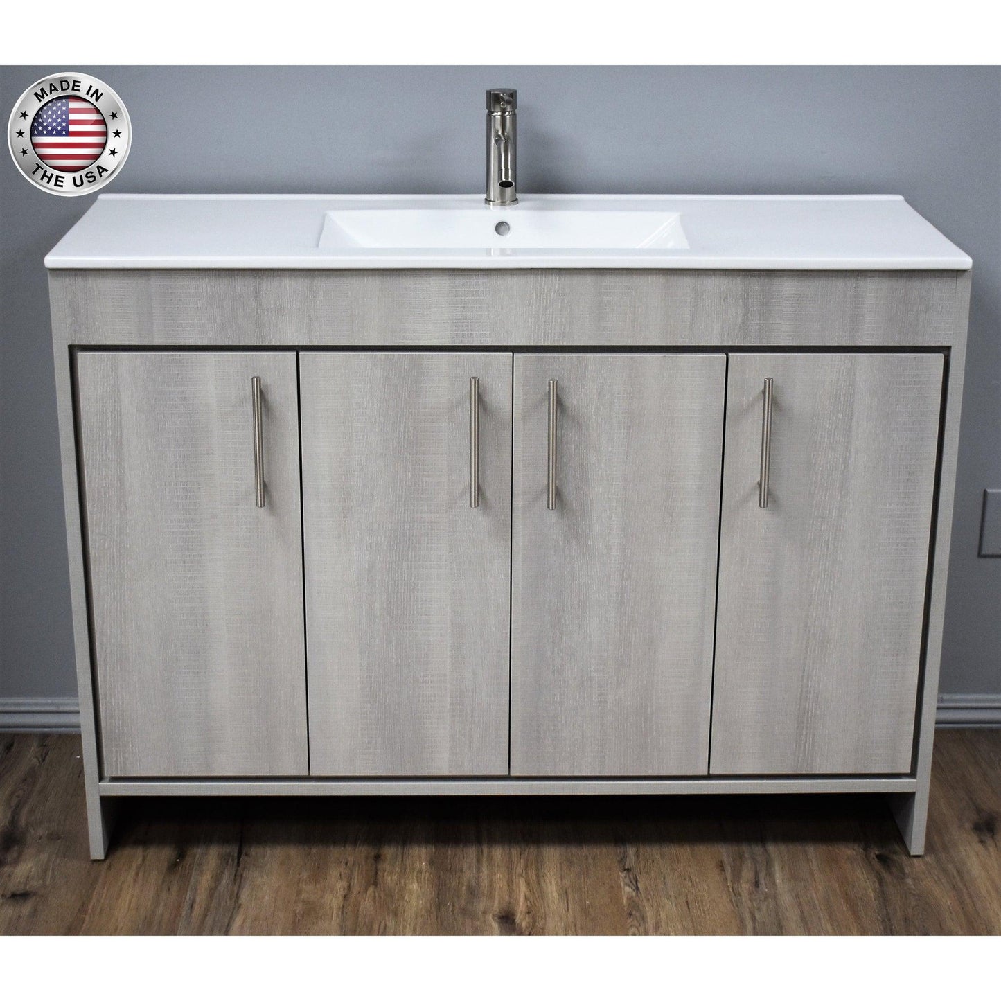 Volpa USA Villa 48" Weathered Grey Freestanding Modern Bathroom Vanity With Integrated Ceramic Top and Brushed Nickel Round Handles