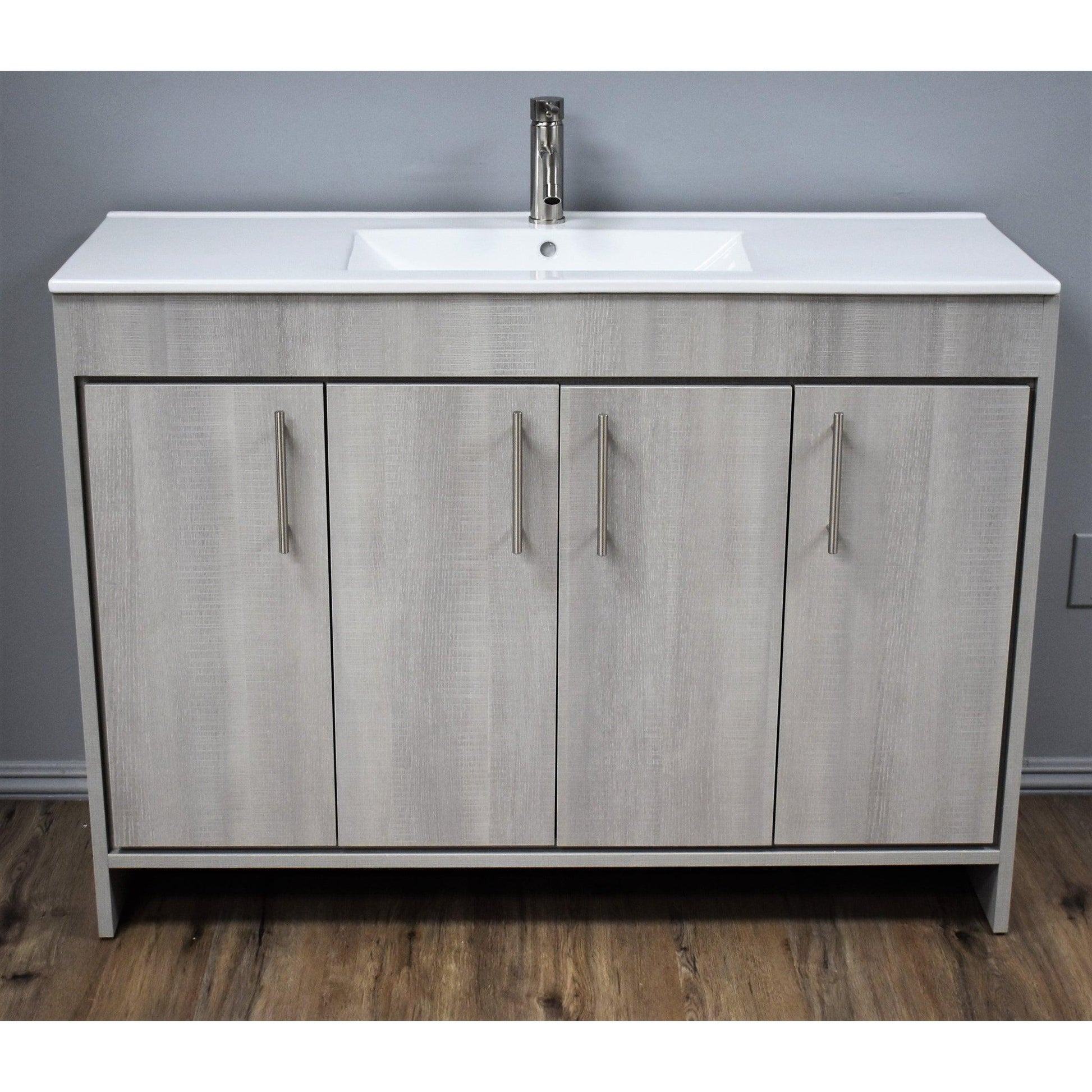 Volpa USA Villa 48" Weathered Grey Freestanding Modern Bathroom Vanity With Integrated Ceramic Top and Brushed Nickel Round Handles