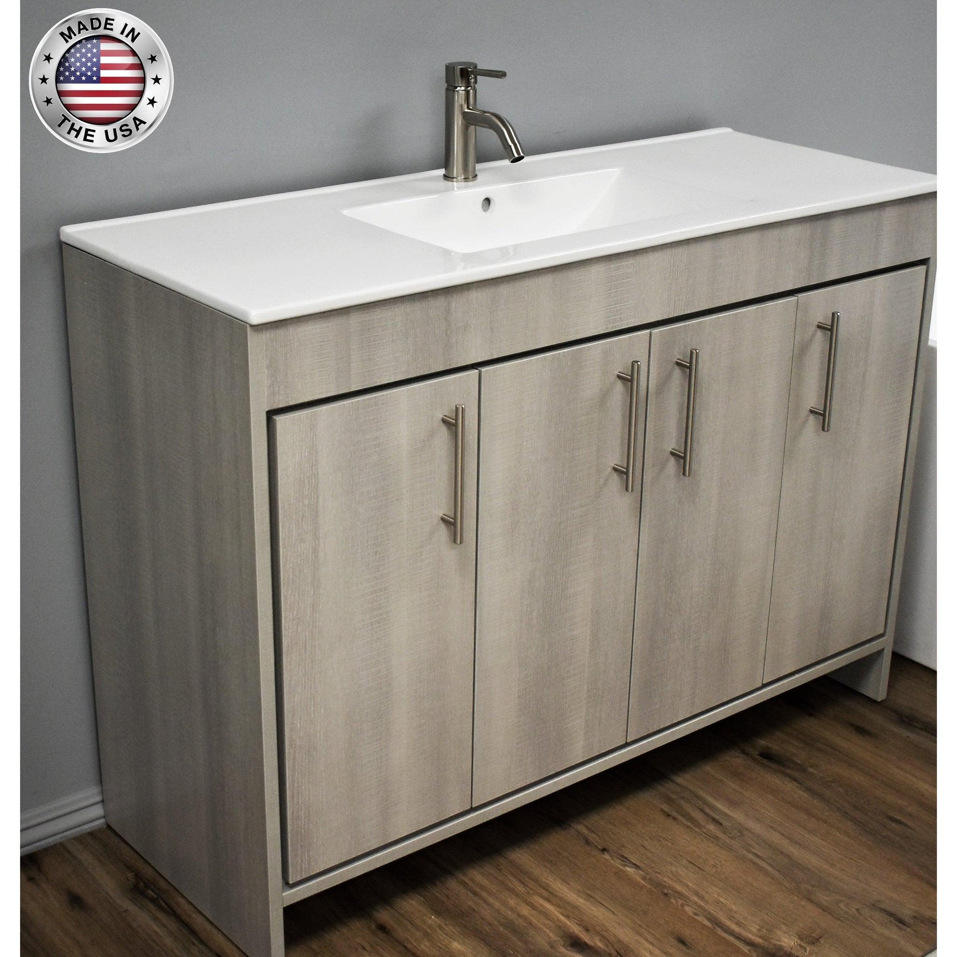 Volpa USA Villa 48" Weathered Grey Freestanding Modern Bathroom Vanity With Integrated Ceramic Top and Brushed Nickel Round Handles