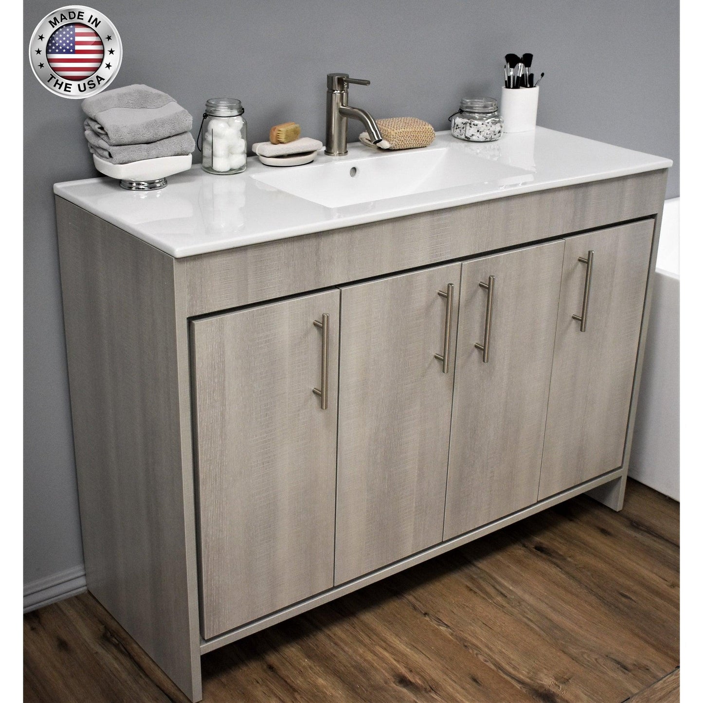 Volpa USA Villa 48" Weathered Grey Freestanding Modern Bathroom Vanity With Integrated Ceramic Top and Brushed Nickel Round Handles