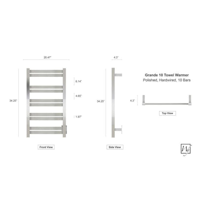 WarmlyYours Grande 10 21" x 34" Polished Stainless Steel Wall-Mounted 10-Bar Hardwired Towel Warmer