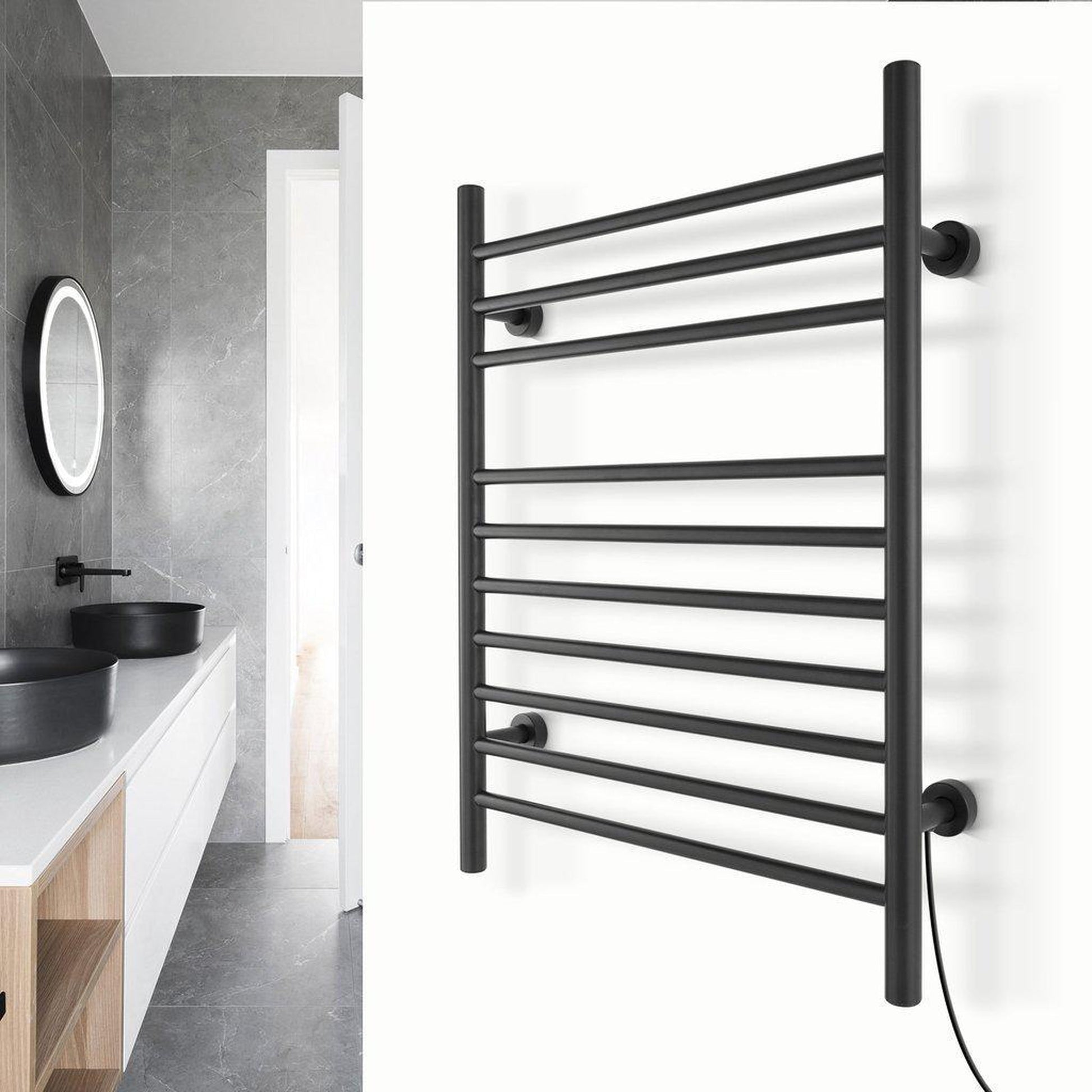 WarmlyYours Infinity 24" x 32" Matte Black Stainless Steel Wall-Mounted 10-Bar Dual Connection Hardwired or Plug-In Towel Warmer