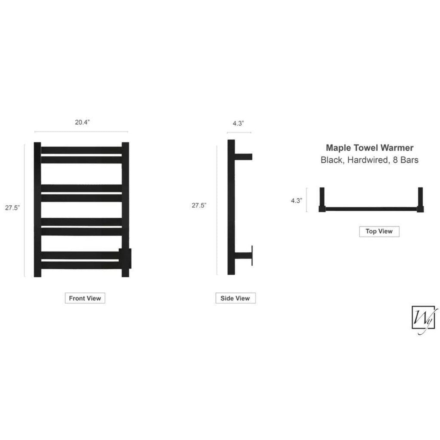 WarmlyYours Maple 8 20" x 28" Matte Black Stainless Steel Wall-Mounted 8-Bar Hardwired Towel Warmer