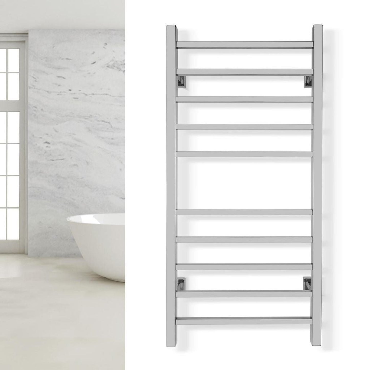 WarmlyYours Metropolitan 20" x 42" Polished Stainless Steel Wall-Mounted 10-Bar Dual Connection Hardwired or Plug-In Towel Warmer