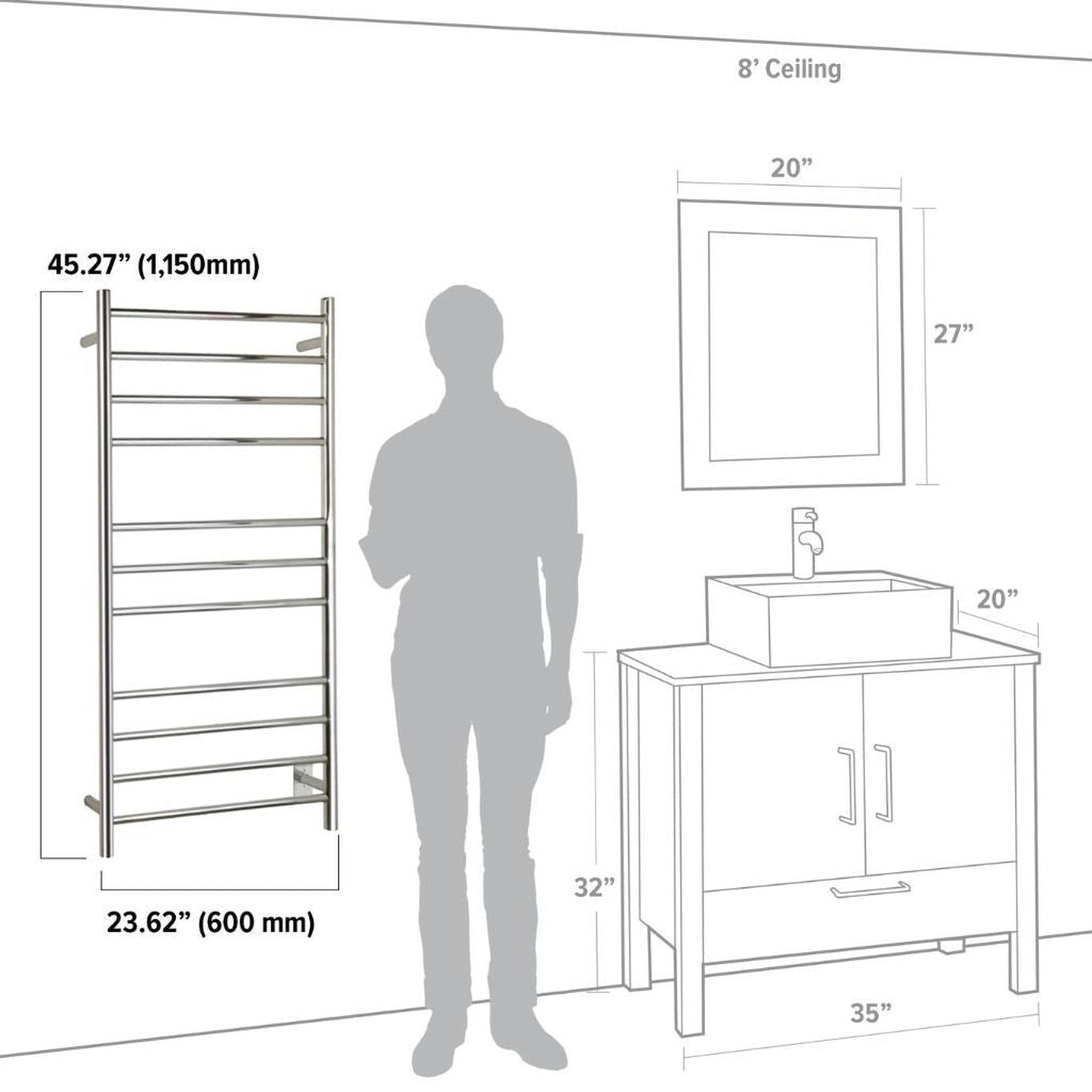 WarmlyYours Ontario XL 24" x 45" Polished Stainless Steel Wall-Mounted 11-Bar Hardwired Towel Warmer