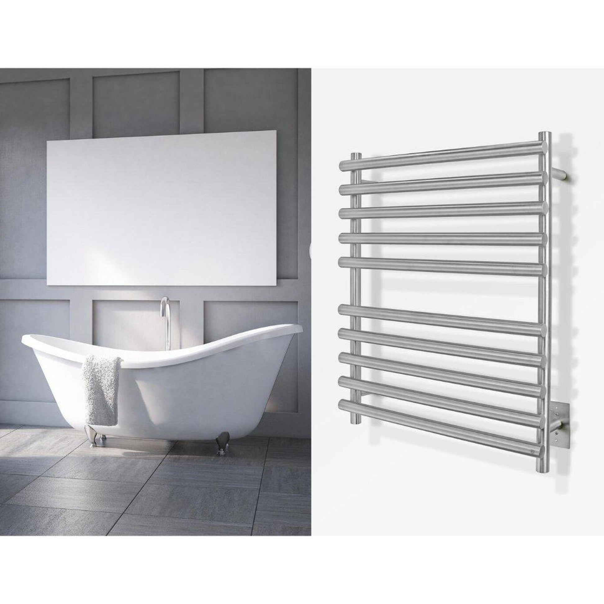 WarmlyYours Rome 26" x 32" Brushed Stainless Steel Wall-Mounted 10-Bar Hardwired Towel Warmer