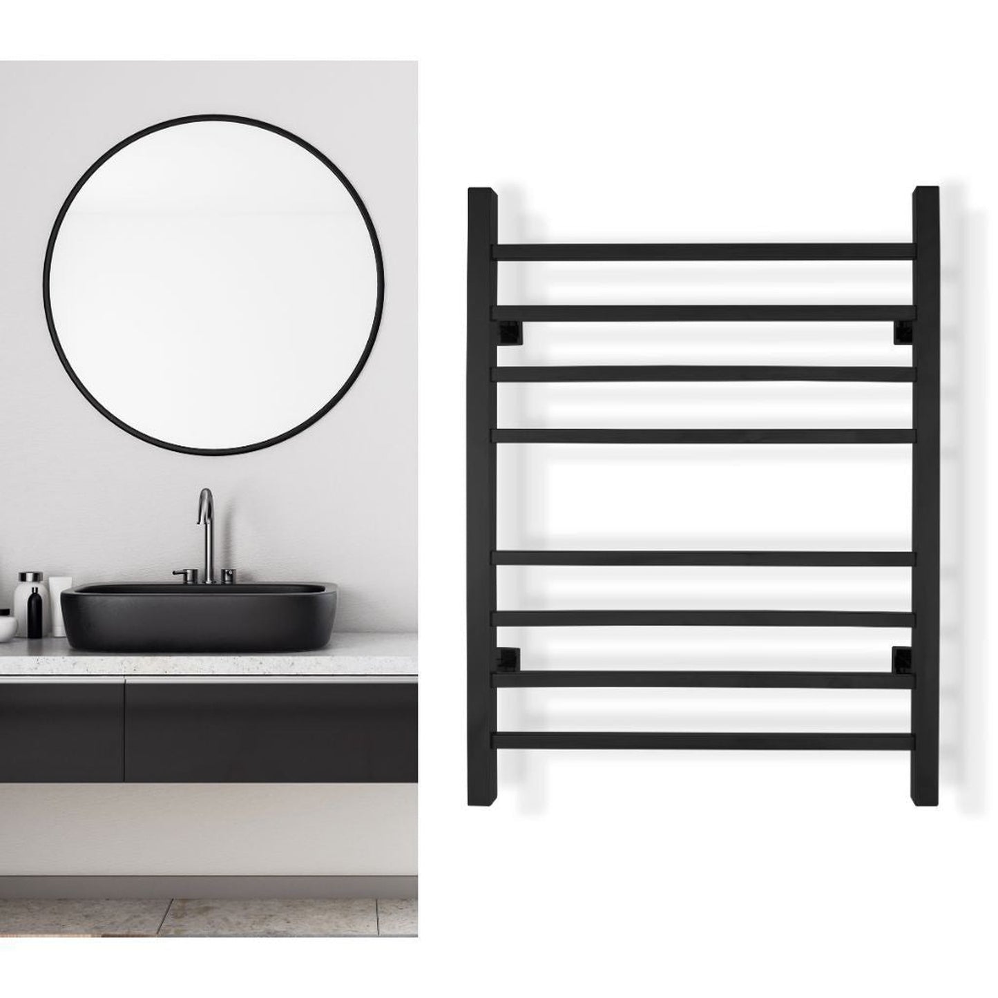 WarmlyYours Sierra 24" x 32" Matte Black Stainless Steel Wall-Mounted 8-Bar Dual Connection Hardwired or Plug-In Towel Warmer