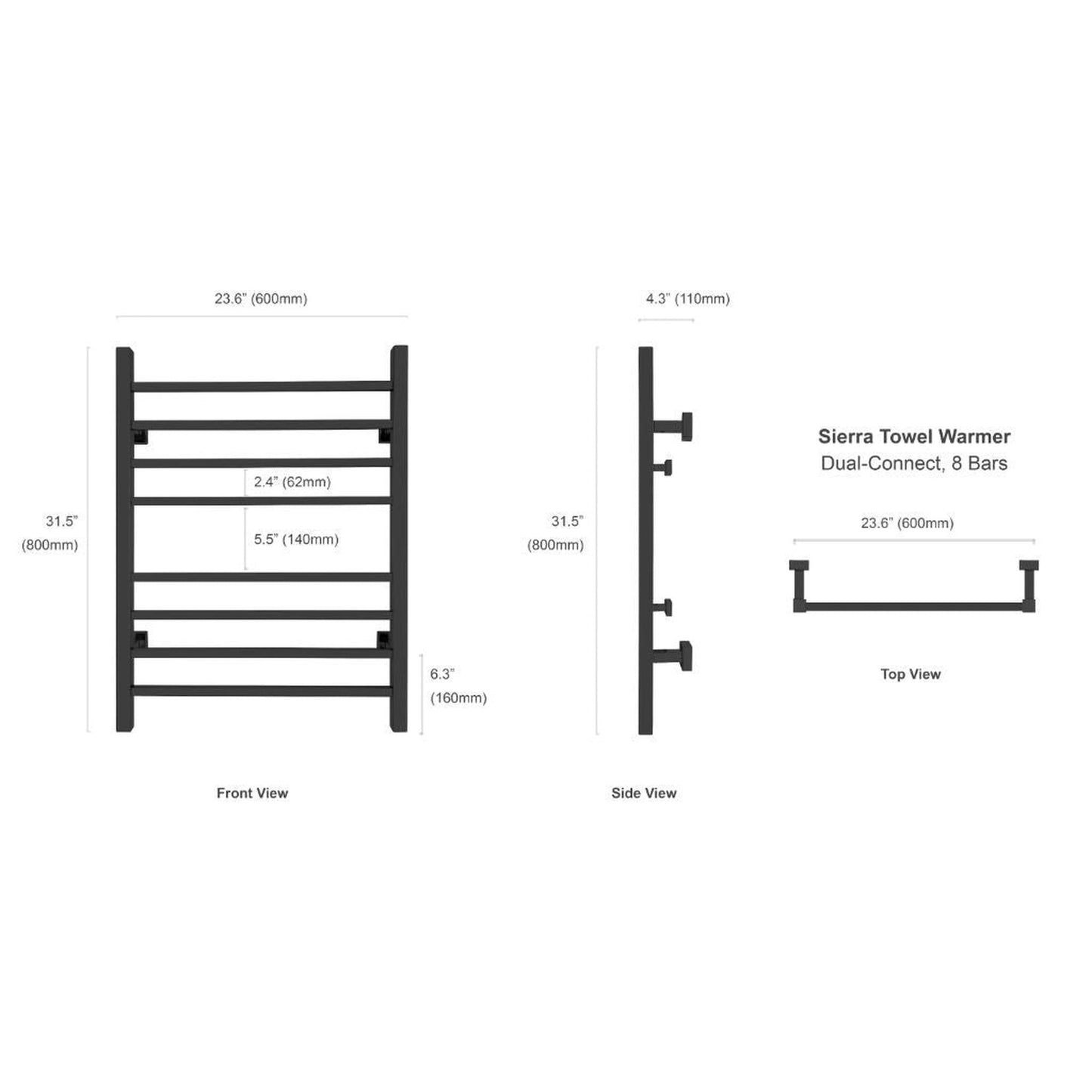 WarmlyYours Sierra 24" x 32" Matte Black Stainless Steel Wall-Mounted 8-Bar Dual Connection Hardwired or Plug-In Towel Warmer