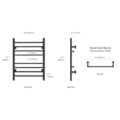 WarmlyYours Sierra 24" x 32" Matte Black Stainless Steel Wall-Mounted 8-Bar Dual Connection Hardwired or Plug-In Towel Warmer