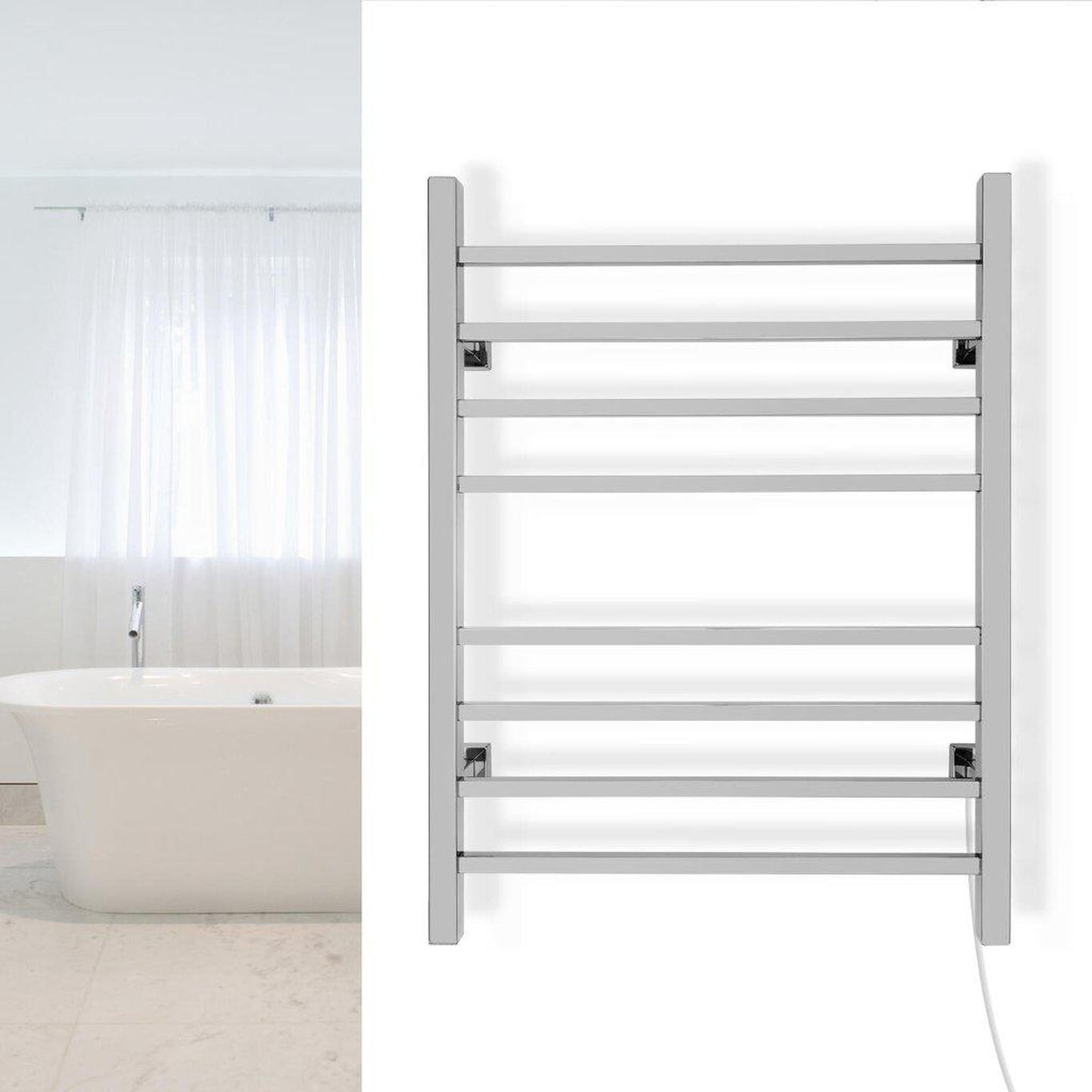 WarmlyYours Sierra 24" x 32" Polished Stainless Steel Wall-Mounted 8-Bar Dual Connection Hardwired or Plug-In Towel Warmer