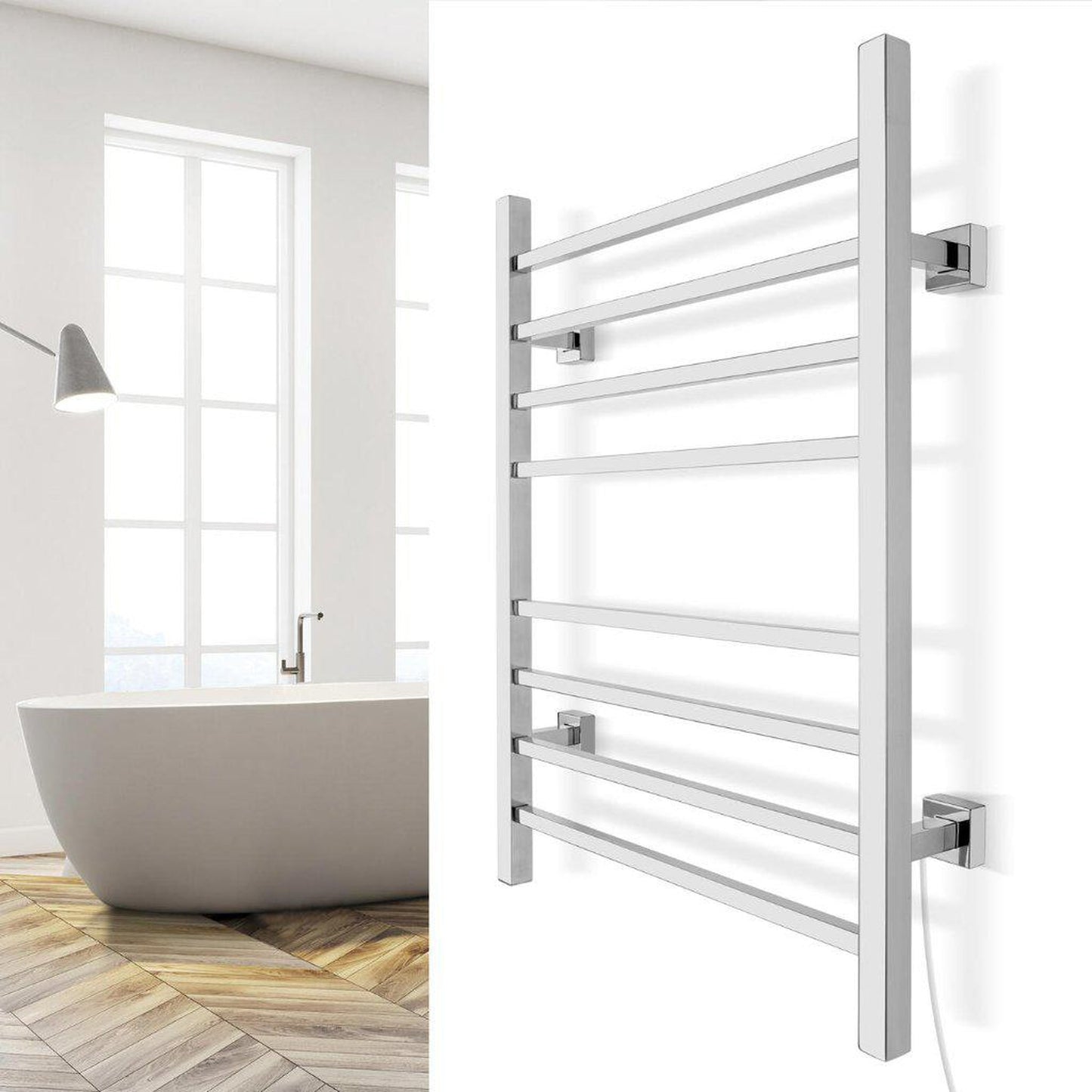 WarmlyYours Sierra 24" x 32" Polished Stainless Steel Wall-Mounted 8-Bar Dual Connection Hardwired or Plug-In Towel Warmer