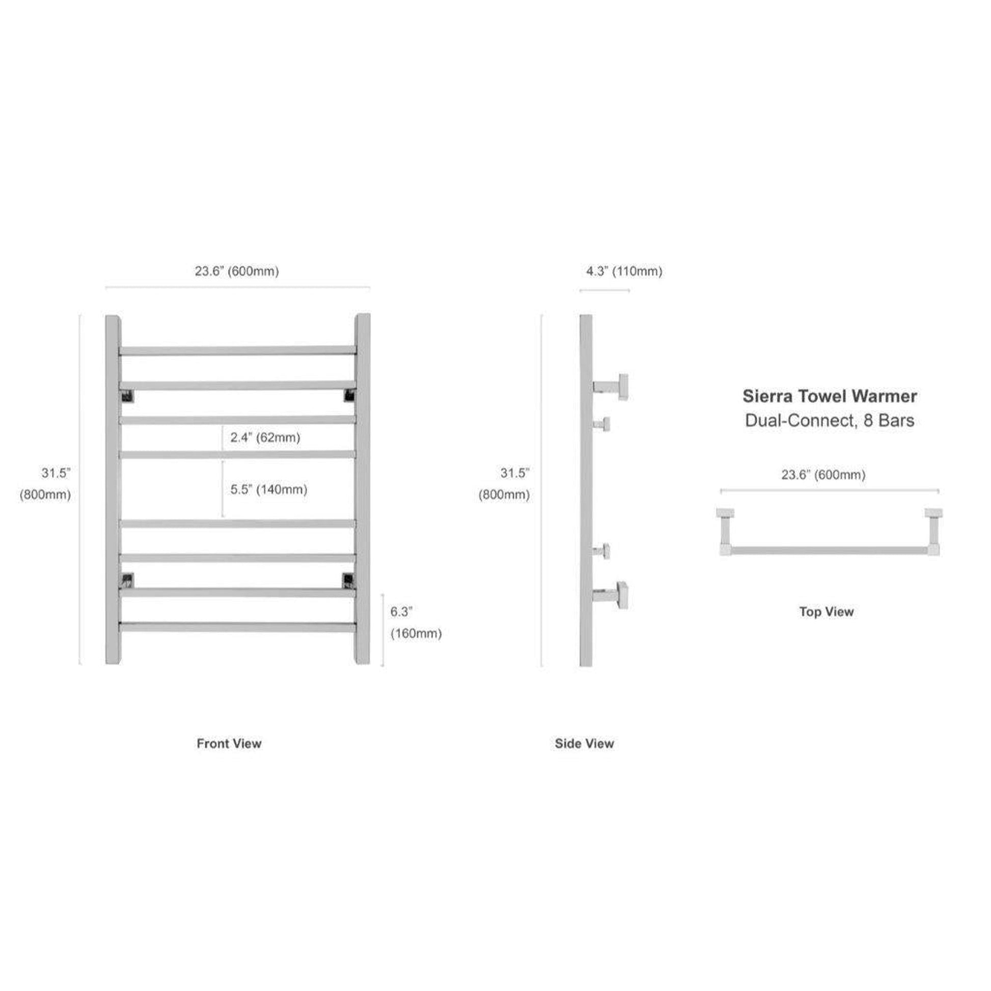 WarmlyYours Sierra 24" x 32" Polished Stainless Steel Wall-Mounted 8-Bar Dual Connection Hardwired or Plug-In Towel Warmer