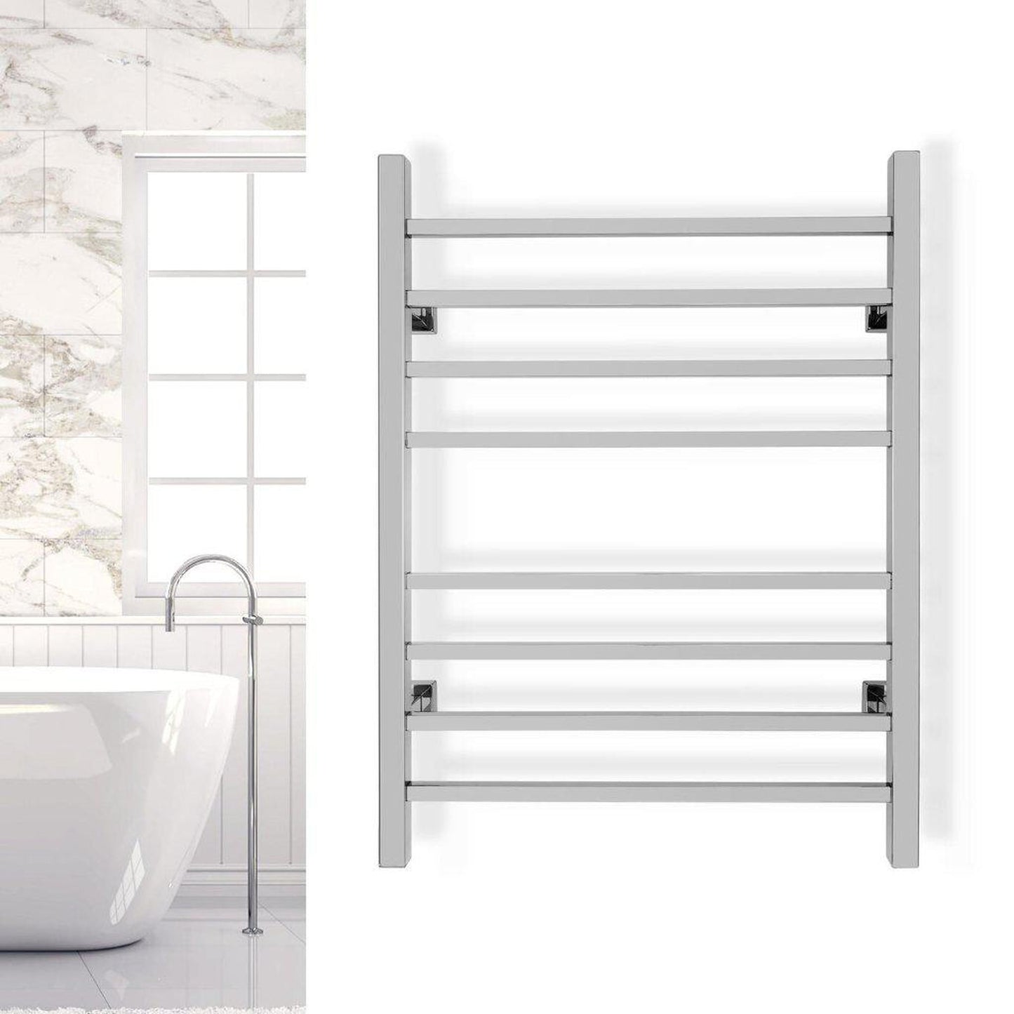 WarmlyYours Sierra 24" x 32" Polished Stainless Steel Wall-Mounted 8-Bar Dual Connection Hardwired or Plug-In Towel Warmer