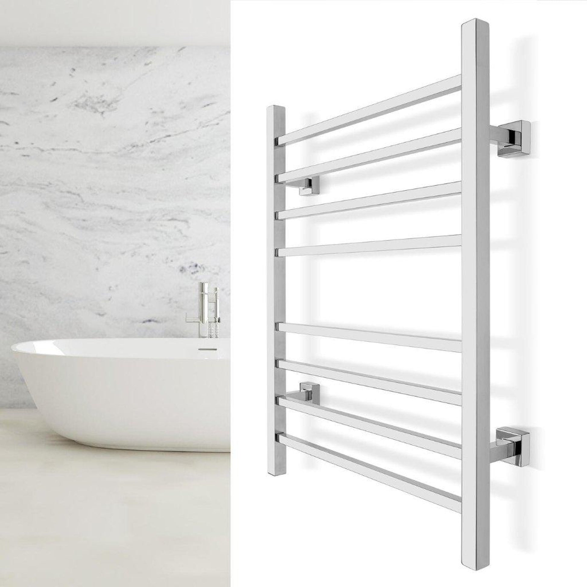 WarmlyYours Sierra 24" x 32" Polished Stainless Steel Wall-Mounted 8-Bar Dual Connection Hardwired or Plug-In Towel Warmer