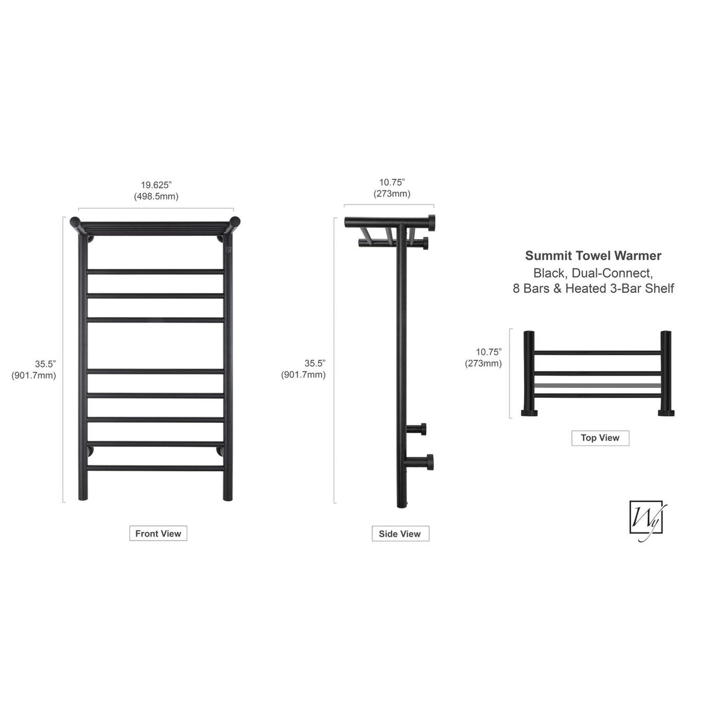 WarmlyYours Summit 20" x 36" Matte Black Stainless Steel Wall-Mounted 8-Bar Dual Connection Hardwired or Plug-In Towel Warmer