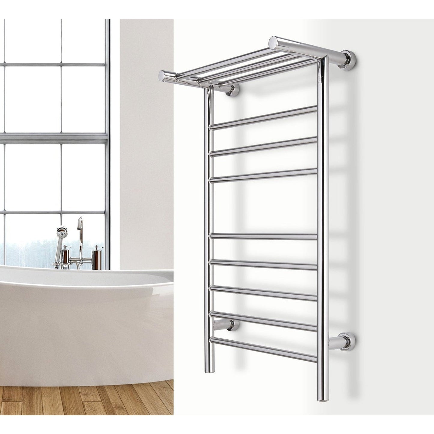 WarmlyYours Summit 20" x 36" Polished Stainless Steel Wall-Mounted 8-Bar Dual Connection Hardwired or Plug-In Towel Warmer
