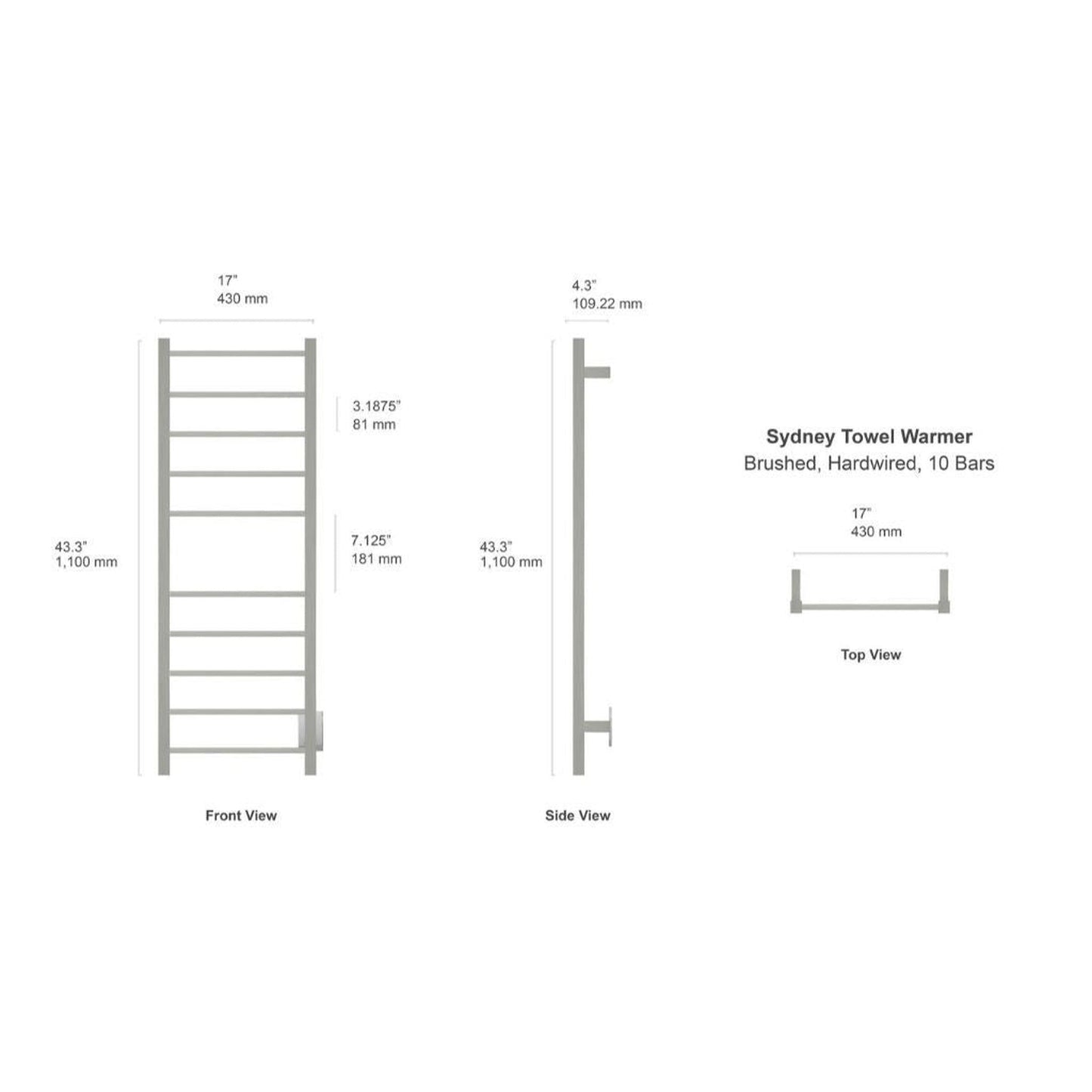 WarmlyYours Sydney 17" x 43" Brushed Stainless Steel Wall-Mounted 10-Bar Hardwired Towel Warmer