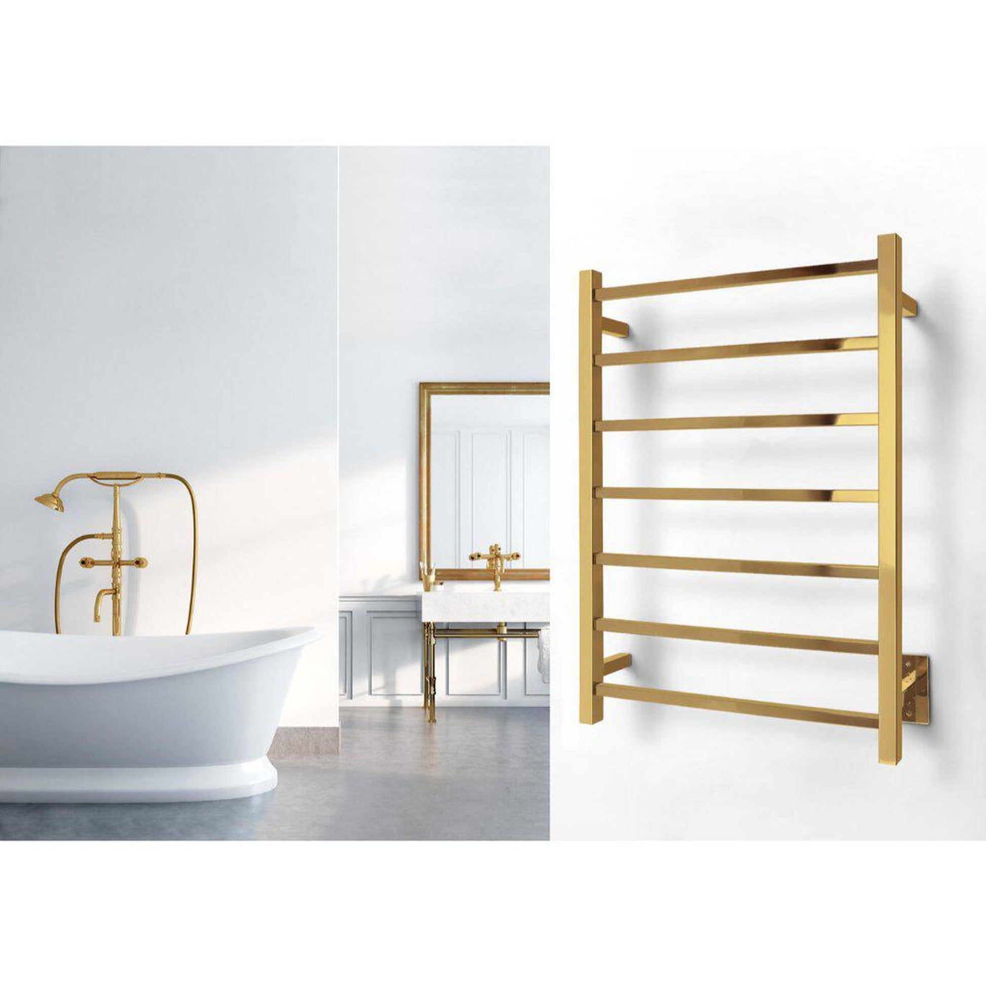 WarmlyYours Tahoe 7 24" x 32" Polished Gold Stainless Steel Wall-Mounted 7-Bar Hardwired Towel Warmer