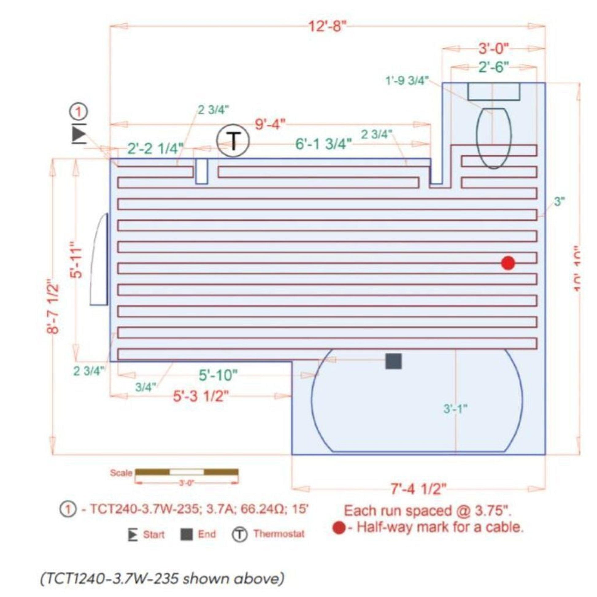 WarmlyYours TempZone Cable 595′ 240V Radiant Floor Heating Cable System Kit With Prodeso Membrane And nSpire Touch Programmable Touchscreen Thermostat