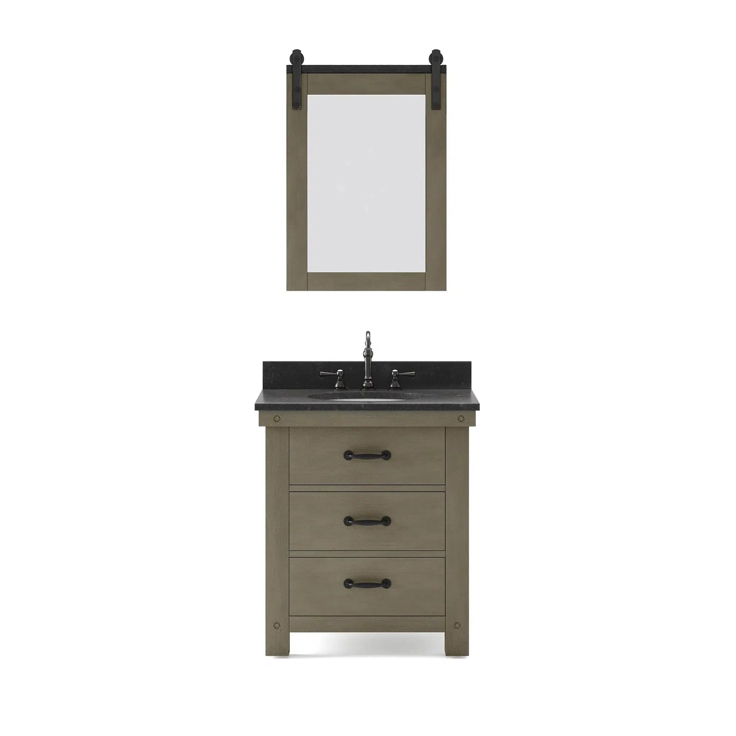 Water Creation Aberdeen 30" Single Sink Blue Limestone Countertop Vanity in Grizzle Gray with Hook Faucet and 24" Farmhouse Mirror