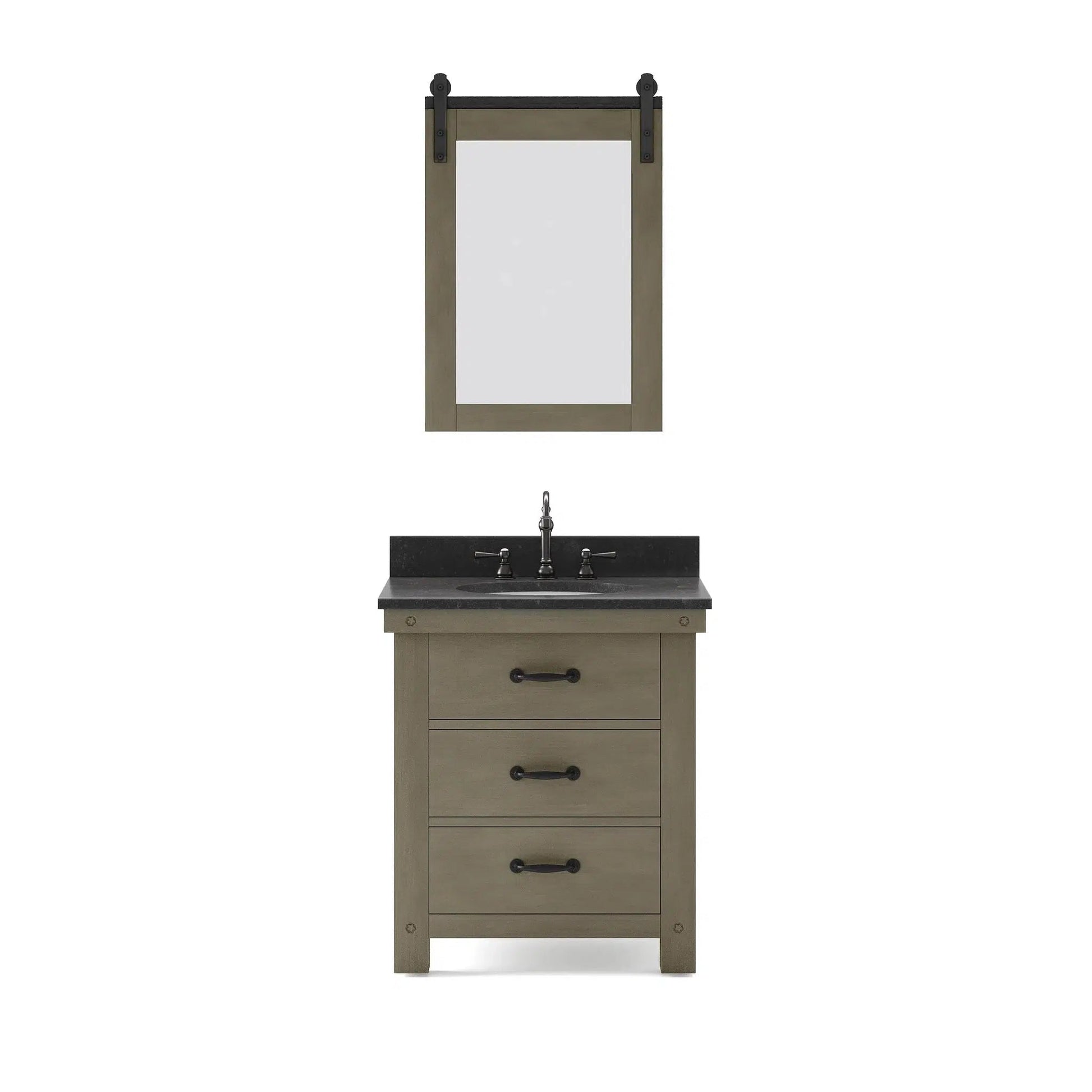 Water Creation Aberdeen 30" Single Sink Blue Limestone Countertop Vanity in Grizzle Gray with Hook Faucet and 24" Farmhouse Mirror