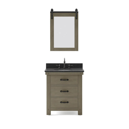 Water Creation Aberdeen 30" Single Sink Blue Limestone Countertop Vanity in Grizzle Gray with Hook Faucet and 24" Farmhouse Mirror