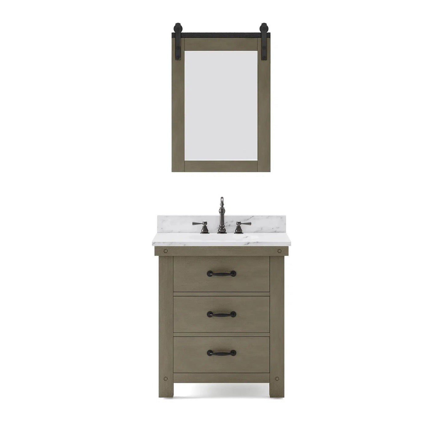 Water Creation Aberdeen 30" Single Sink Carrara White Marble Countertop Vanity in Grizzle Gray with 24" Farmhouse Mirror