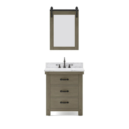 Water Creation Aberdeen 30" Single Sink Carrara White Marble Countertop Vanity in Grizzle Gray with 24" Farmhouse Mirror