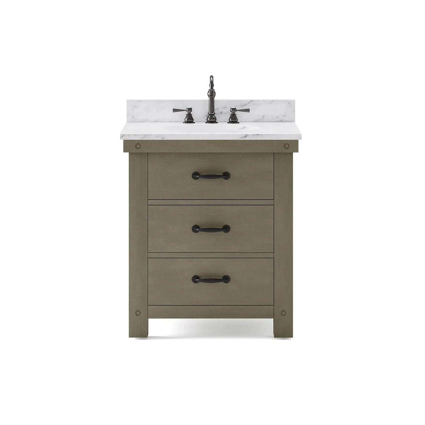 Water Creation Aberdeen 30" Single Sink Carrara White Marble Countertop Vanity in Grizzle Gray with 24" Farmhouse Mirror