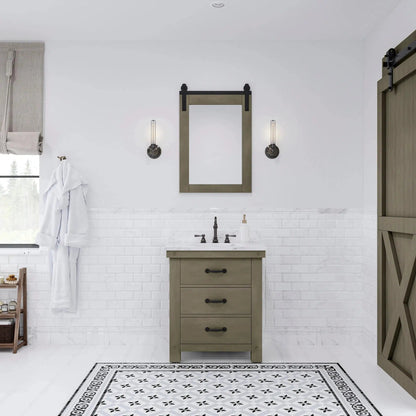 Water Creation Aberdeen 30" Single Sink Carrara White Marble Countertop Vanity in Grizzle Gray with 24" Farmhouse Mirror