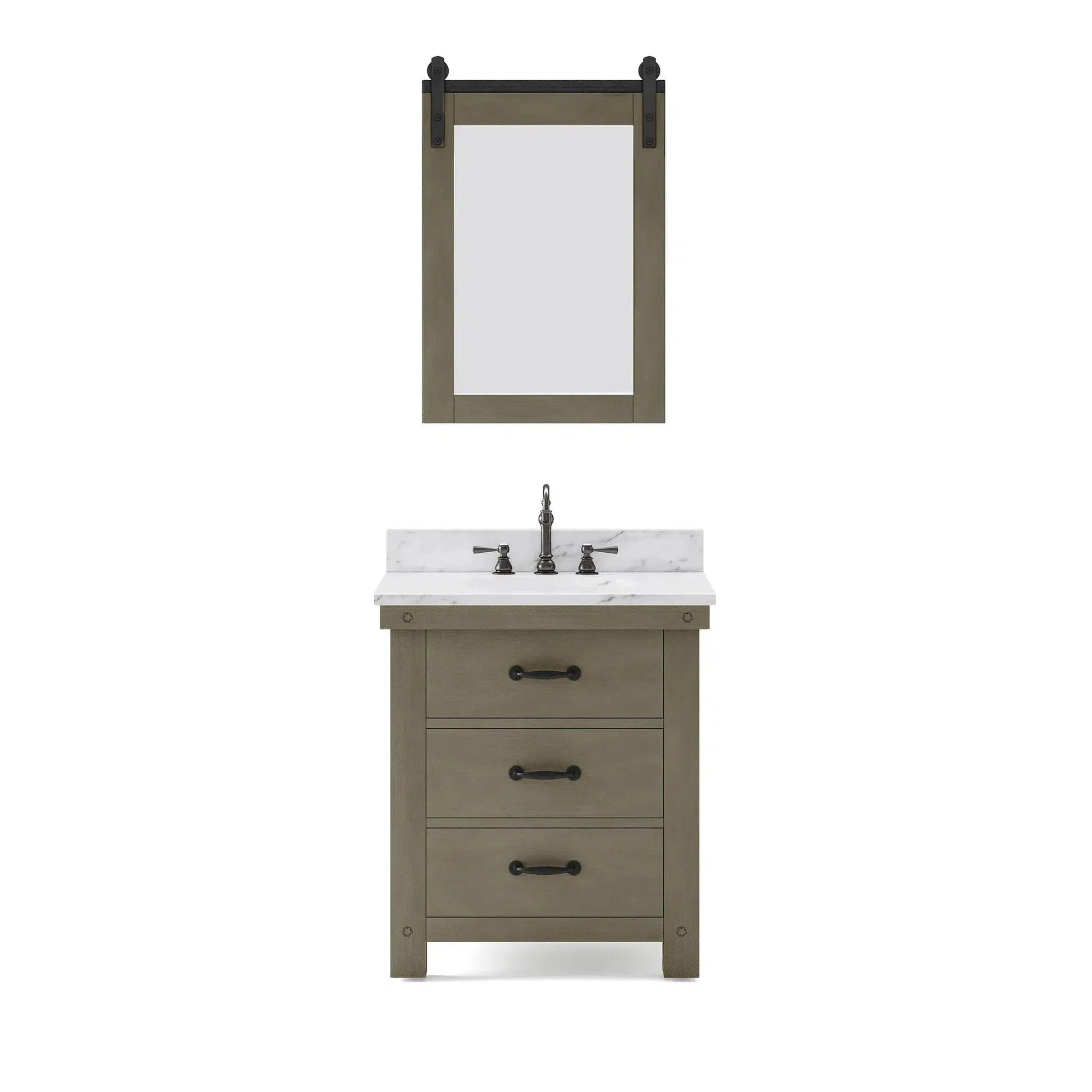 Water Creation Aberdeen 30" Single Sink Carrara White Marble Countertop Vanity in Grizzle Gray with Hook Faucet and 24" Farmhouse Mirror