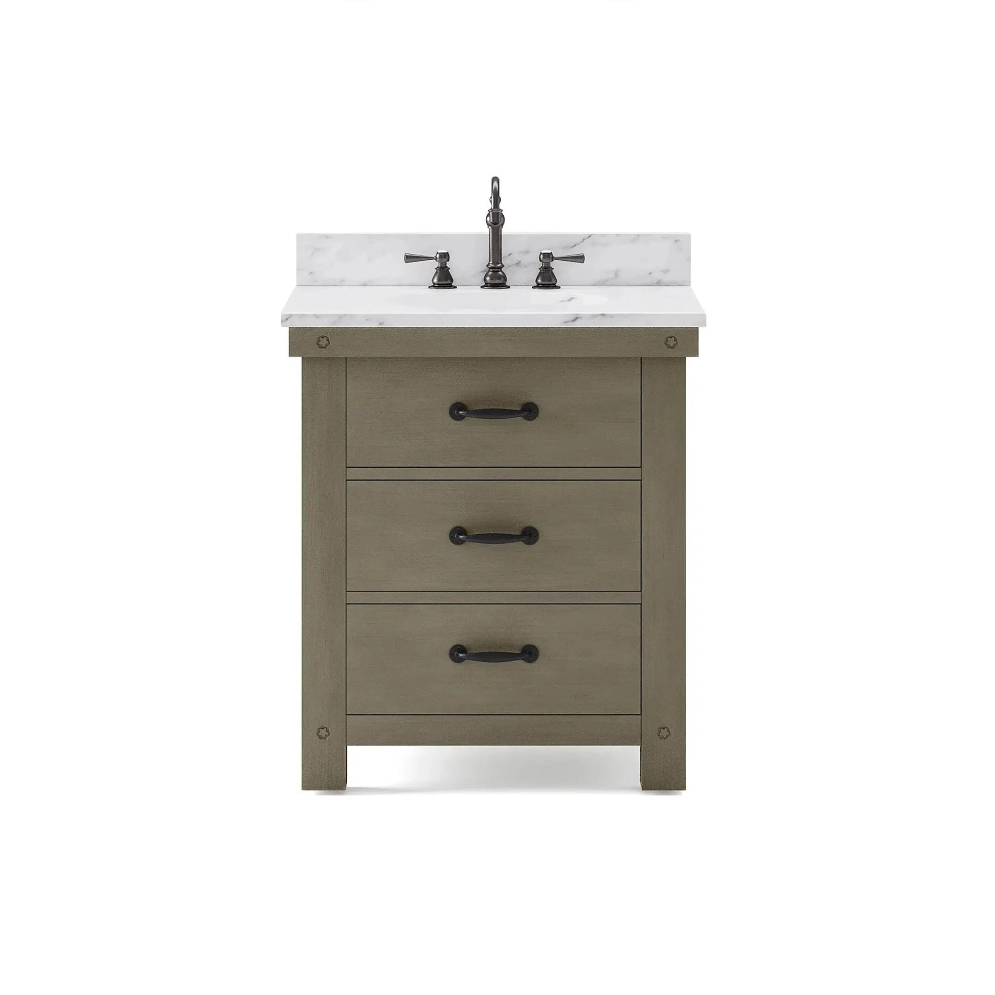 Water Creation Aberdeen 30" Single Sink Carrara White Marble Countertop Vanity in Grizzle Gray with Hook Faucet and 24" Farmhouse Mirror