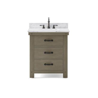 Water Creation Aberdeen 30" Single Sink Carrara White Marble Countertop Vanity in Grizzle Gray with Hook Faucet and 24" Farmhouse Mirror