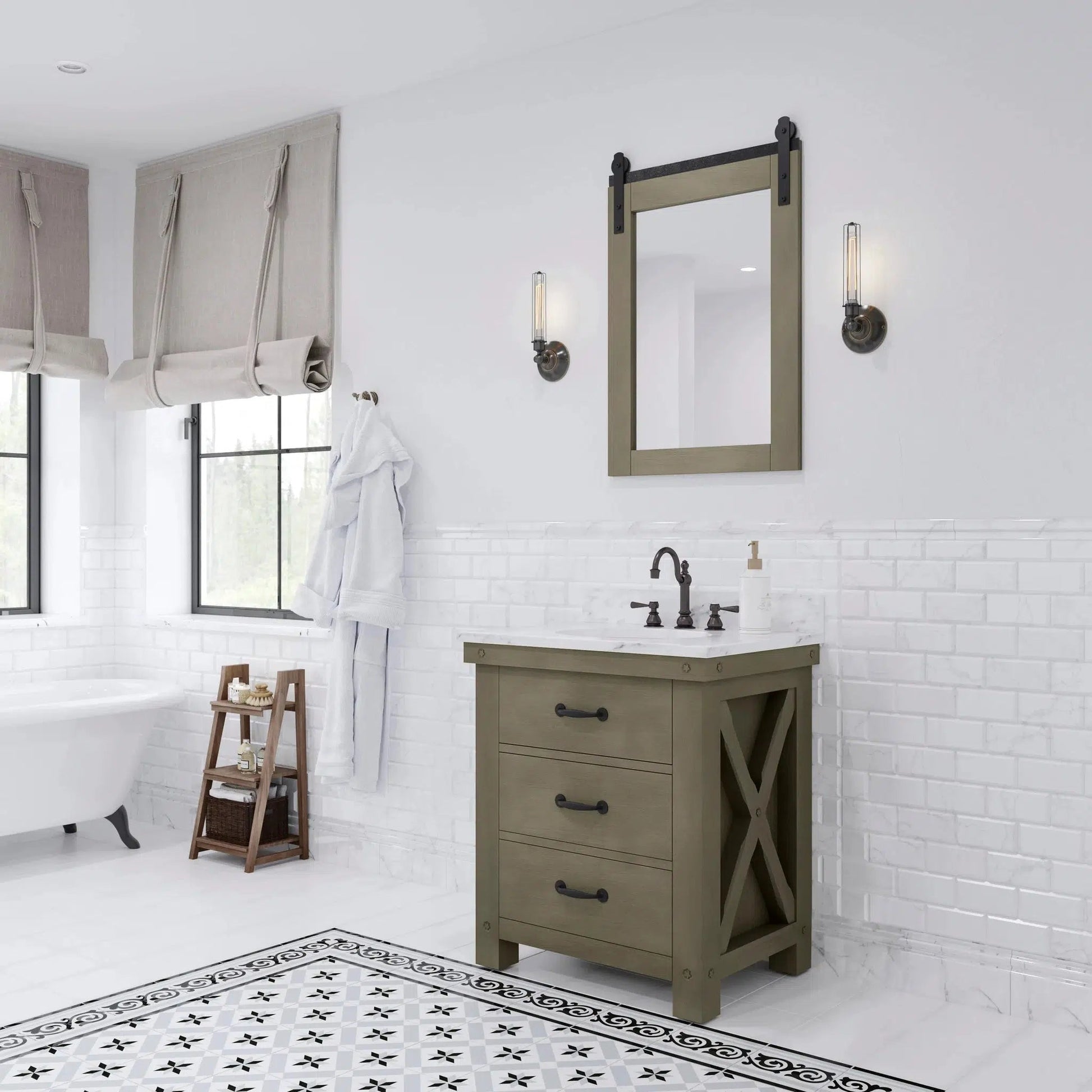 Water Creation Aberdeen 30" Single Sink Carrara White Marble Countertop Vanity in Grizzle Gray with Hook Faucet and 24" Farmhouse Mirror