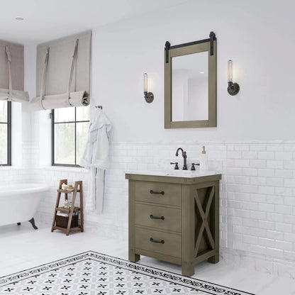 Water Creation Aberdeen 30" Single Sink Carrara White Marble Countertop Vanity in Grizzle Gray with Hook Faucet and 24" Farmhouse Mirror