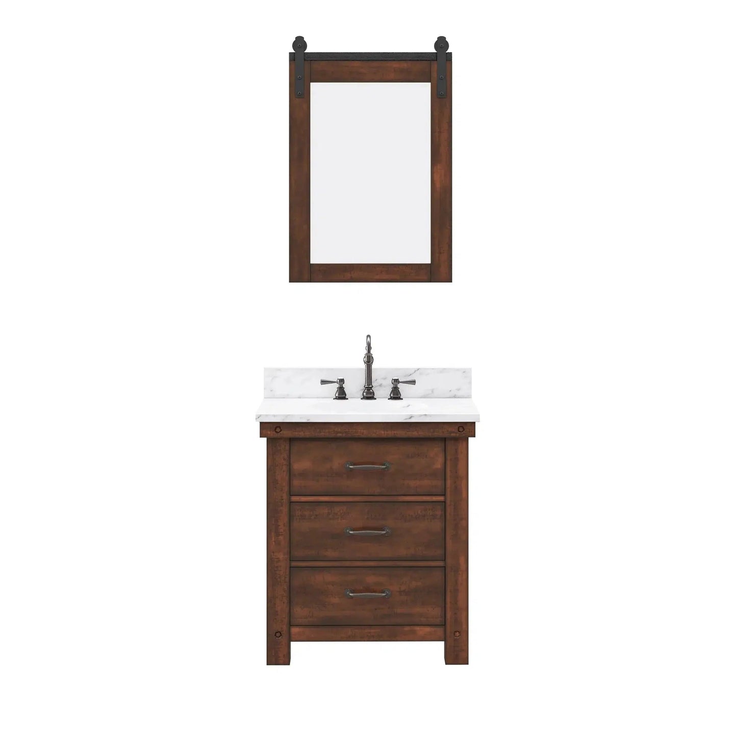 Water Creation Aberdeen 30" Single Sink Carrara White Marble Countertop Vanity in Rustic Sierra with Hook Faucet and 24" Farmhouse Mirror