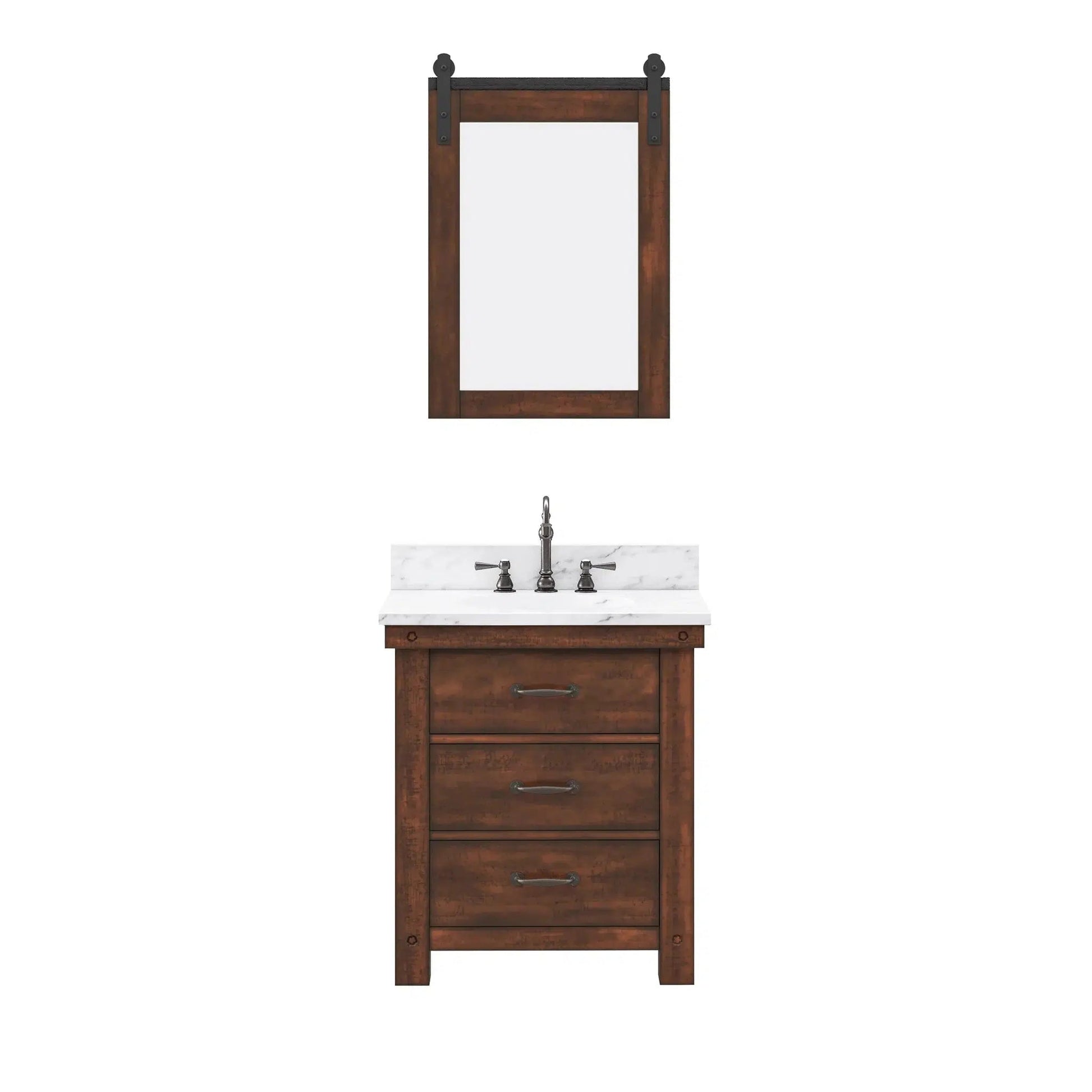 Water Creation Aberdeen 30" Single Sink Carrara White Marble Countertop Vanity in Rustic Sierra with Hook Faucet and 24" Farmhouse Mirror