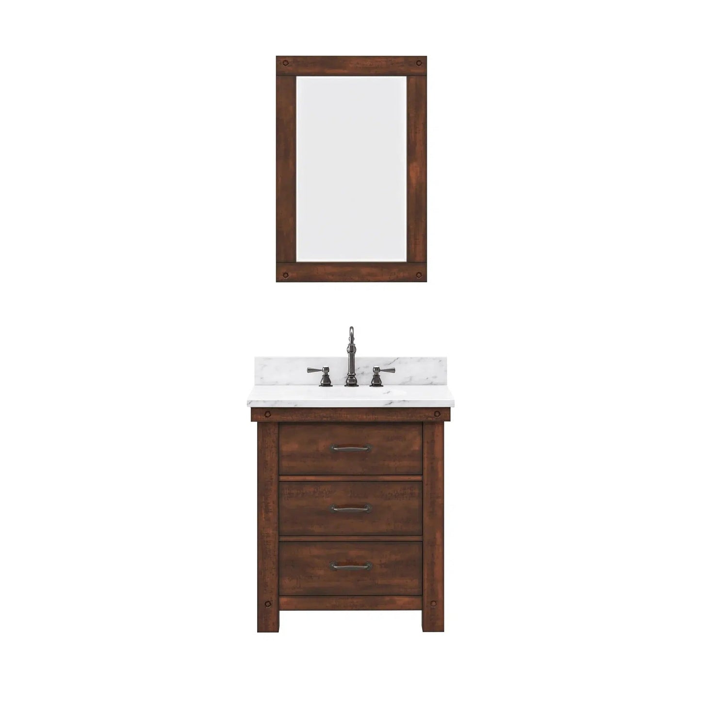 Water Creation Aberdeen 30" Single Sink Carrara White Marble Countertop Vanity in Rustic Sierra with Hook Faucet and 24" Rectangular Mirror
