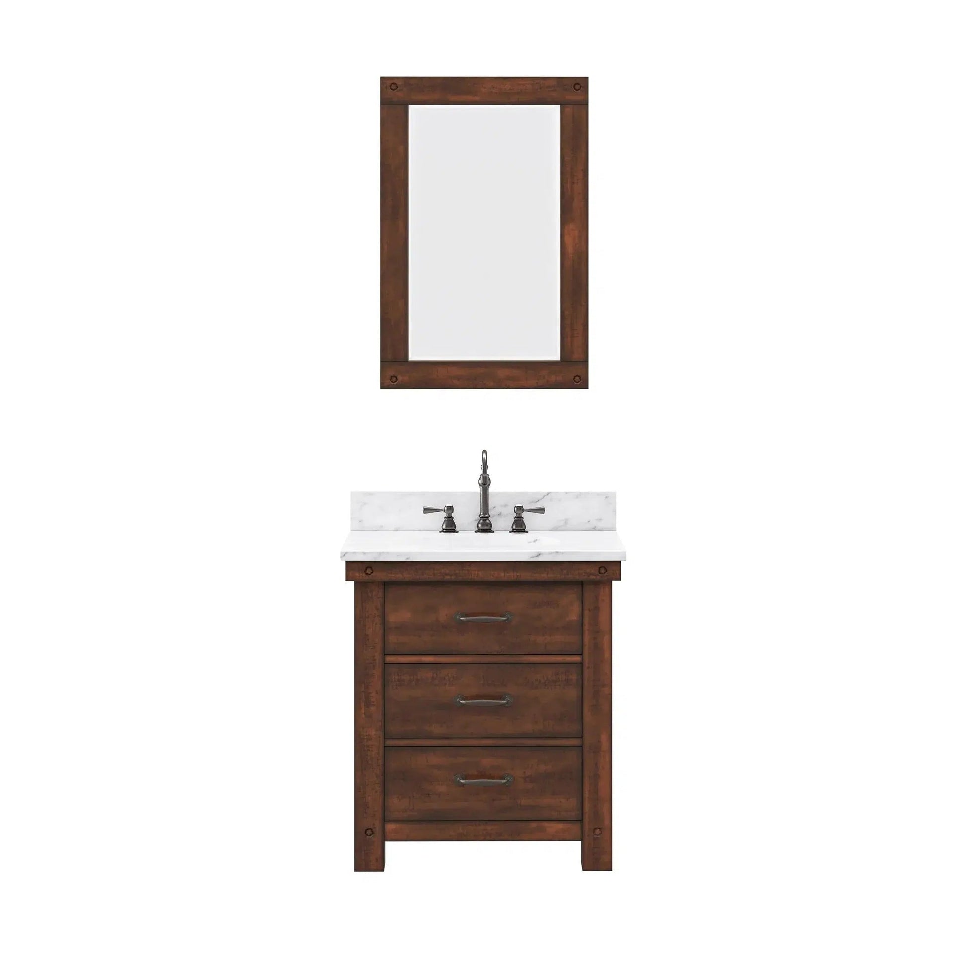 Water Creation Aberdeen 30" Single Sink Carrara White Marble Countertop Vanity in Rustic Sierra with Hook Faucet and 24" Rectangular Mirror