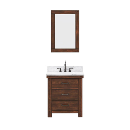 Water Creation Aberdeen 30" Single Sink Carrara White Marble Countertop Vanity in Rustic Sierra with Hook Faucet and 24" Rectangular Mirror