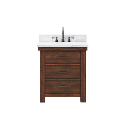 Water Creation Aberdeen 30" Single Sink Carrara White Marble Countertop Vanity in Rustic Sierra with Hook Faucet and 24" Rectangular Mirror