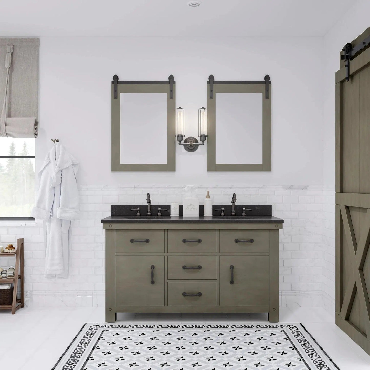 Water Creation Aberdeen 60" Double Sink Blue Limestone Countertop Vanity in Grizzle Gray with 24" Farmhouse Mirror