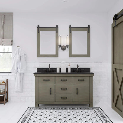 Water Creation Aberdeen 60" Double Sink Blue Limestone Countertop Vanity in Grizzle Gray with 24" Farmhouse Mirror