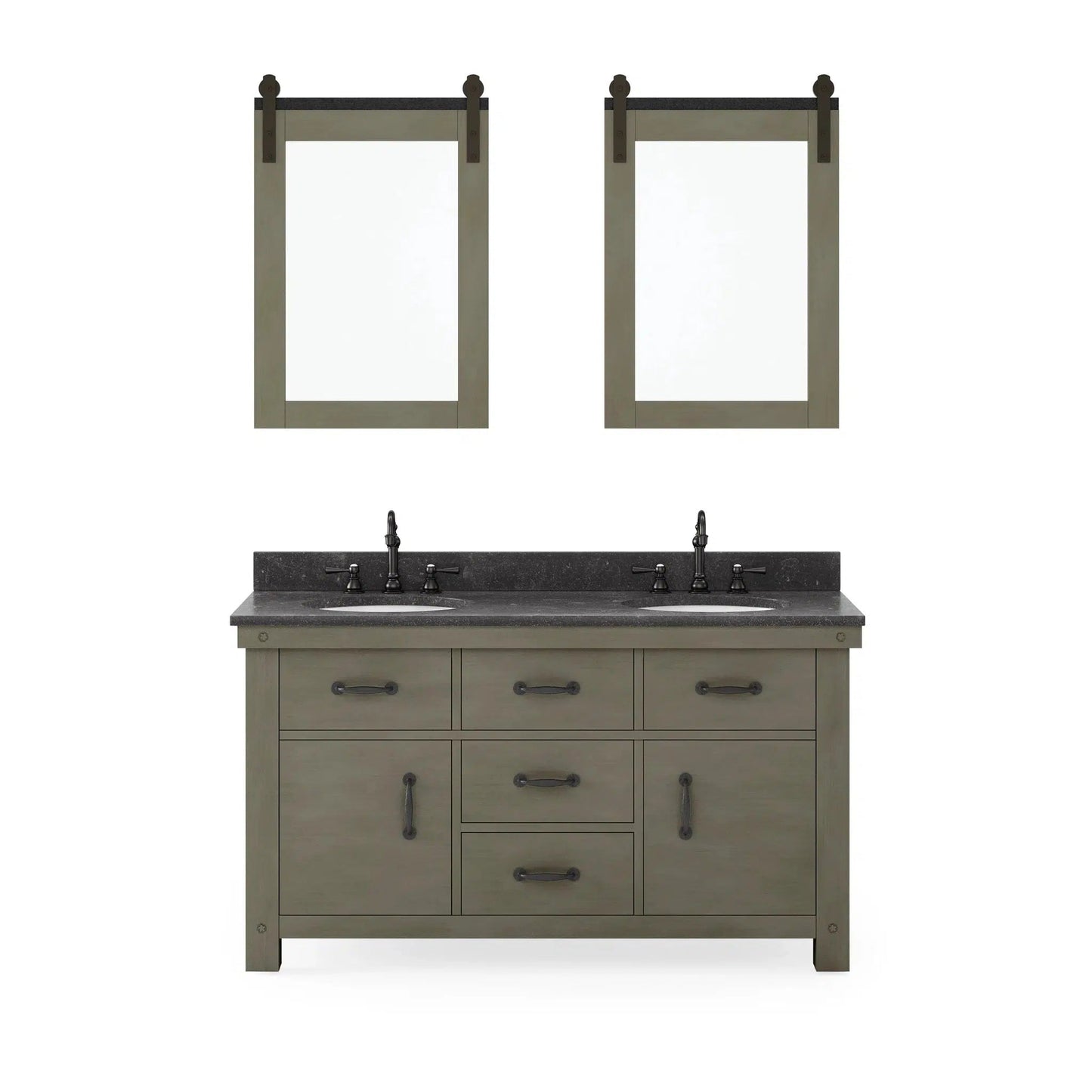 Water Creation Aberdeen 60" Double Sink Blue Limestone Countertop Vanity in Grizzle Gray with 24" Farmhouse Mirror