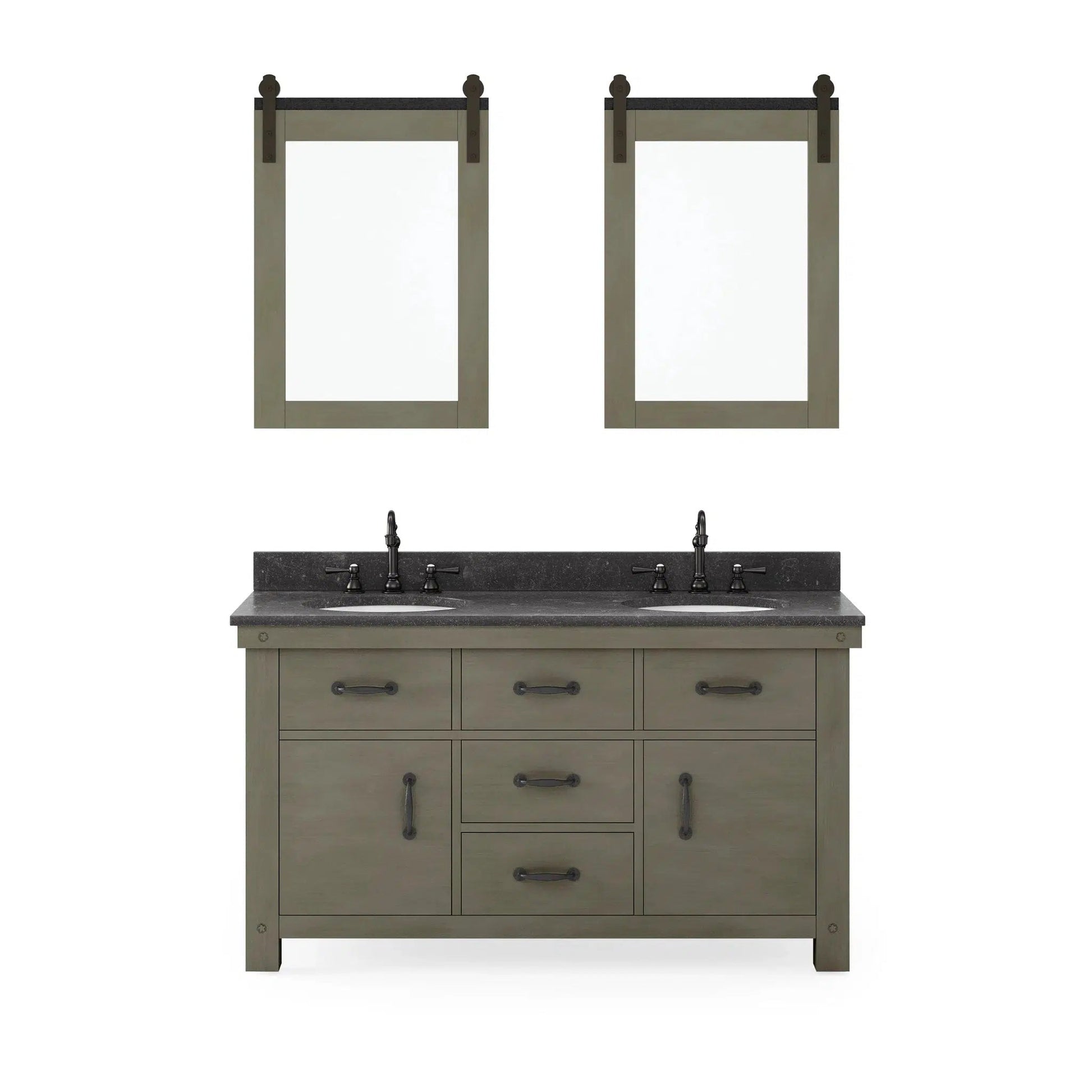 Water Creation Aberdeen 60" Double Sink Blue Limestone Countertop Vanity in Grizzle Gray with 24" Farmhouse Mirror