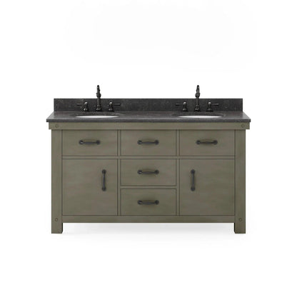 Water Creation Aberdeen 60" Double Sink Blue Limestone Countertop Vanity in Grizzle Gray with 24" Farmhouse Mirror