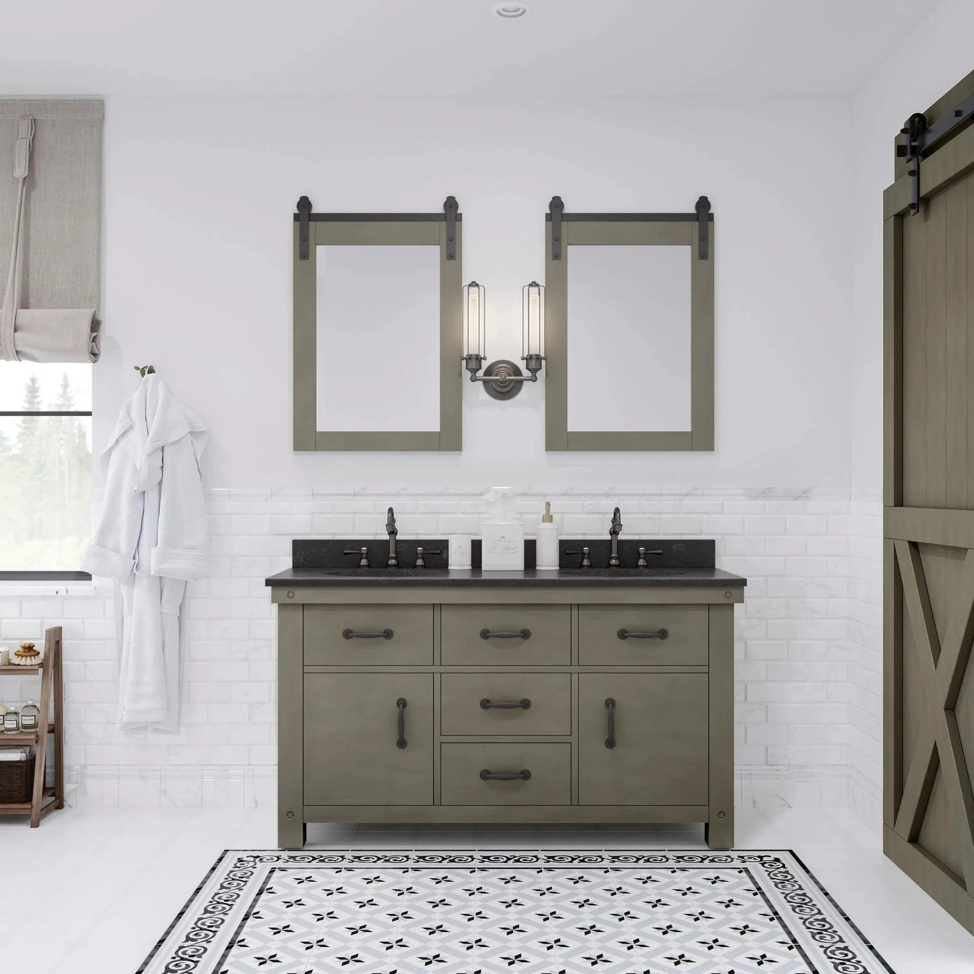 Water Creation Aberdeen 60" Double Sink Blue Limestone Countertop Vanity in Grizzle Gray with Hook Faucets and 24" Farmhouse Mirror